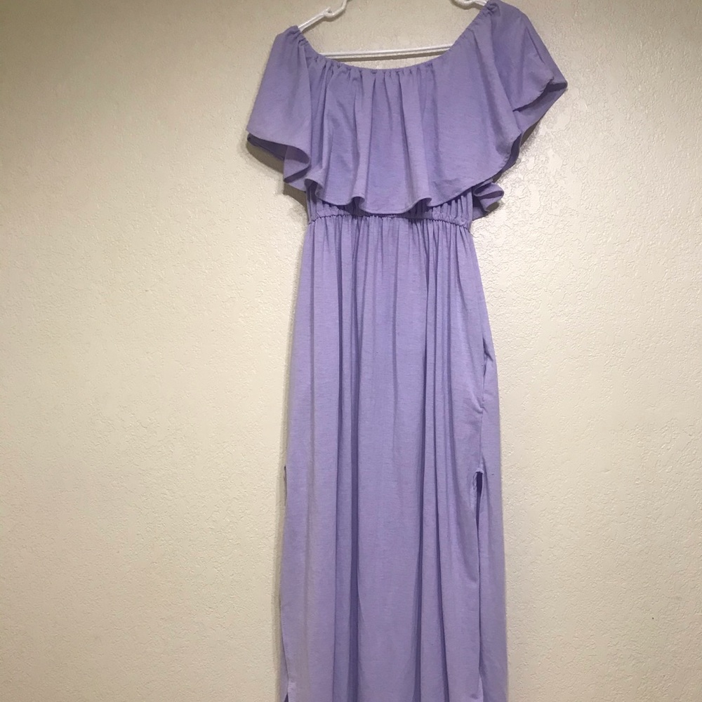 lavender off shoulder maxi dress